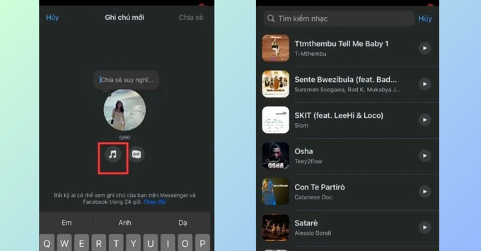Thêm nhạc vào ghi chú Messenger để chia sẻ với bạn bè