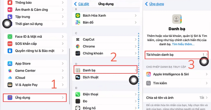 Đồng bộ Google Contacts trên iPhone/iPad chọn Cài đặt > Danh bạ > Tài khoản