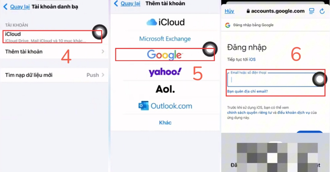 Các bước thêm tài khoản Google và bật đồng bộ Danh bạ trên iPhone.