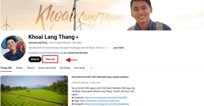 Cách đăng ký hội viên YouTube trên máy tính (PC/Laptop) bước 1