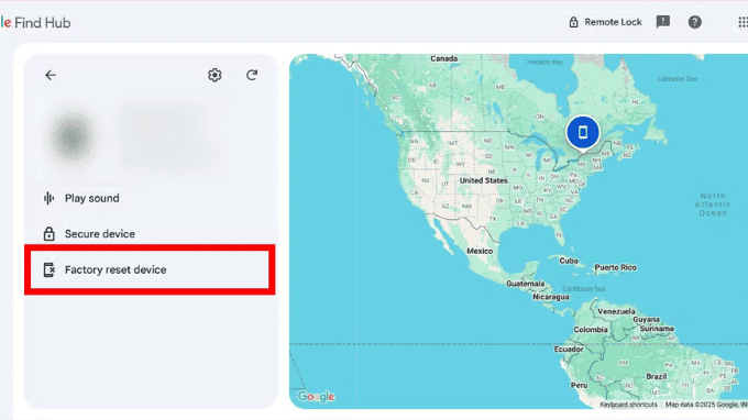 Giao diện Google Find My Device với tùy chọn factory reset