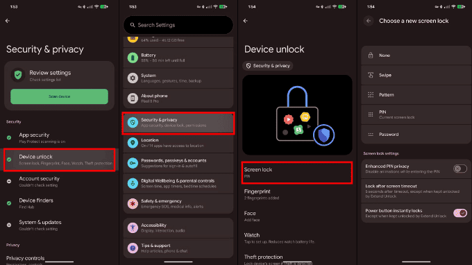 Menu cài đặt bảo mật trên Google Pixel chạy Android 16