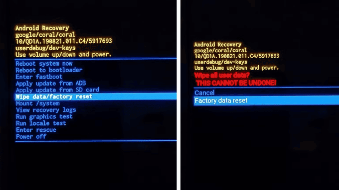 Menu Recovery Mode với tùy chọn wipe data