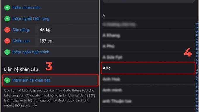Đặt số làm Emergency Contact trong Health