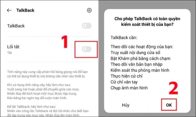 Tại đây, bật phần Lối tắt TalkBack và chọn OK để hoàn tất việc thiết lập.