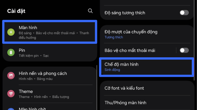 Giao diện cài đặt chế độ màn hình trên Galaxy S25 FE