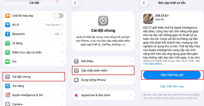 Quy trình cập nhật iOS 27 chính thức qua OTA cực kỳ đơn giản.