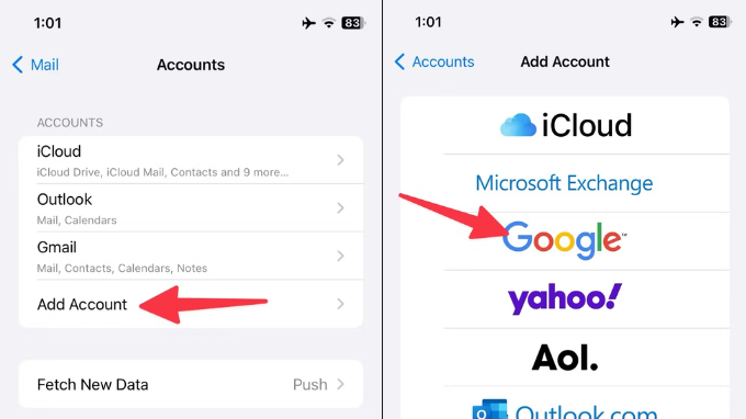 Chọn Google trên ứng dụng Mail
