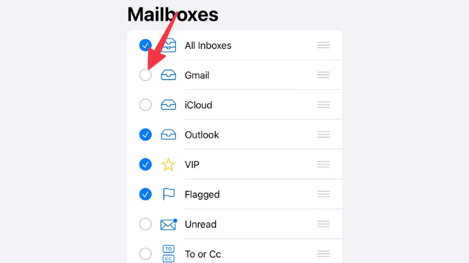 Hộp thư đến Gmail của mình trong các tùy chọn của ứng dụng Mail