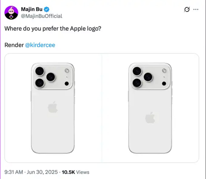 Cập nhật thông tin iPhone 17 ngày 01/07/2025: Apple có thể dịch chuyển logo xuống thấp hơn trên iPhone 17 Pro để chúng ta biết nơi sạc.