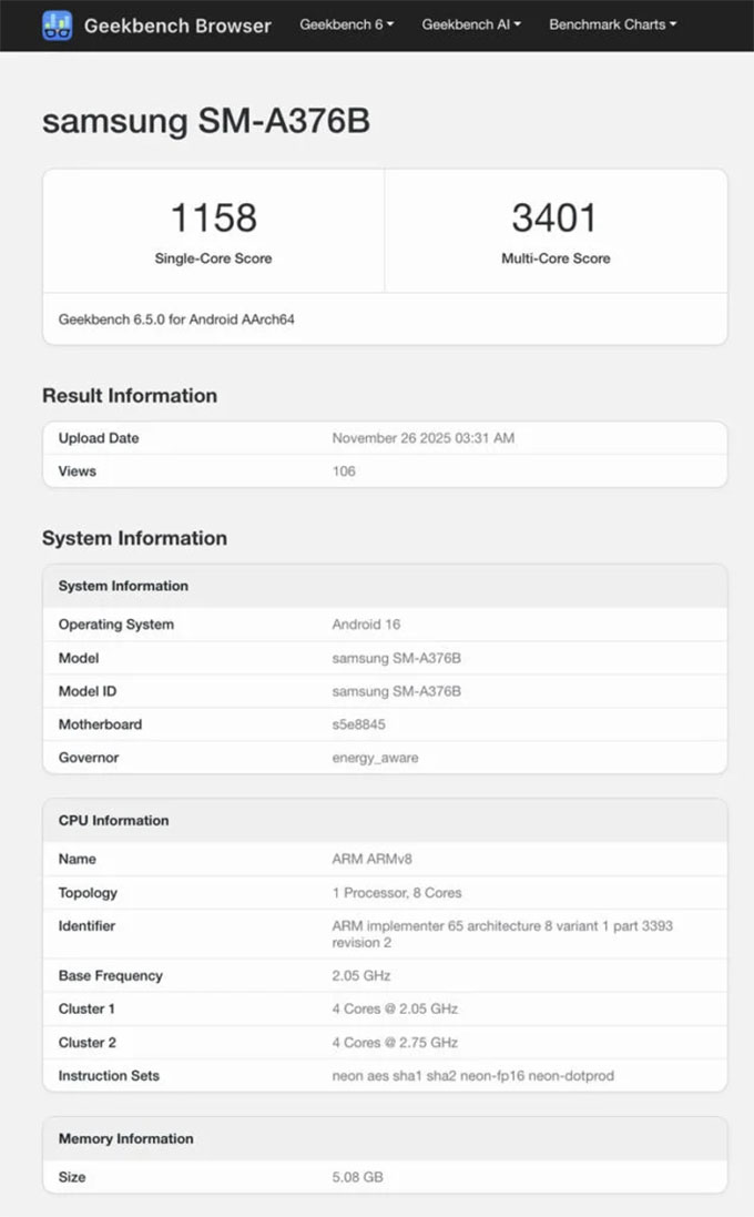 Samsung Galaxy A37 xuất hiện trên Geekbench: Cấu hình cơ bản được xác nhận