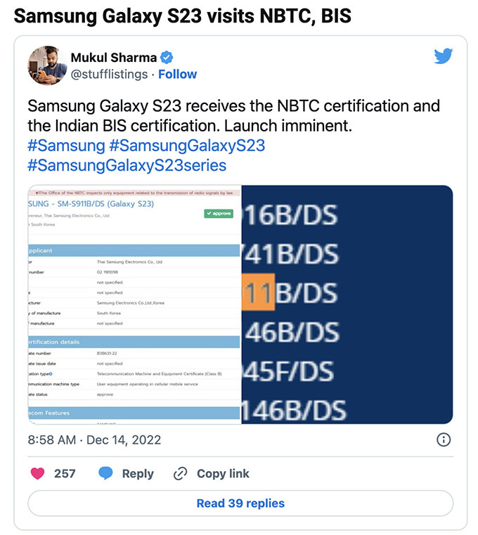 Galaxy S23 được phát hiện trên các trang web chứng nhận NBTC và BIS