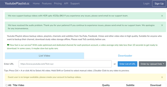 Tải video youtube 4K qua web youtubeplaylis