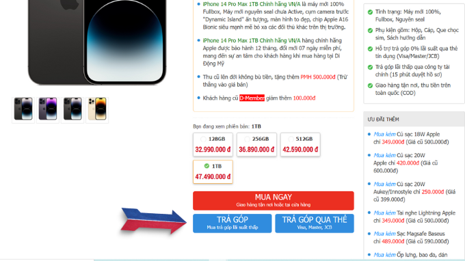 Thực hiện mua trả góp trên website Di Động Mỹ