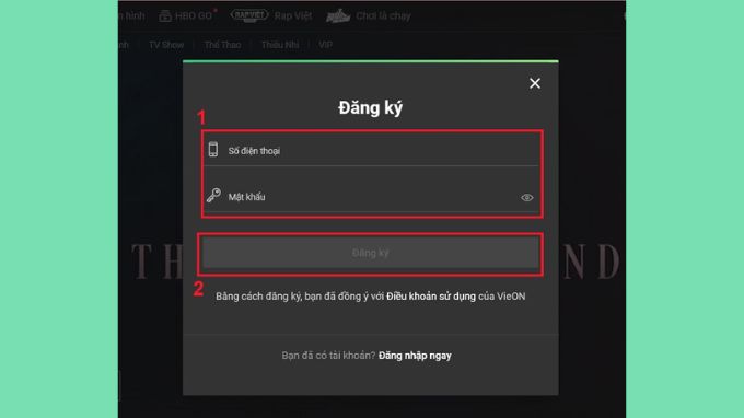 nhập số điện thoại đăng ký vieon máy tính