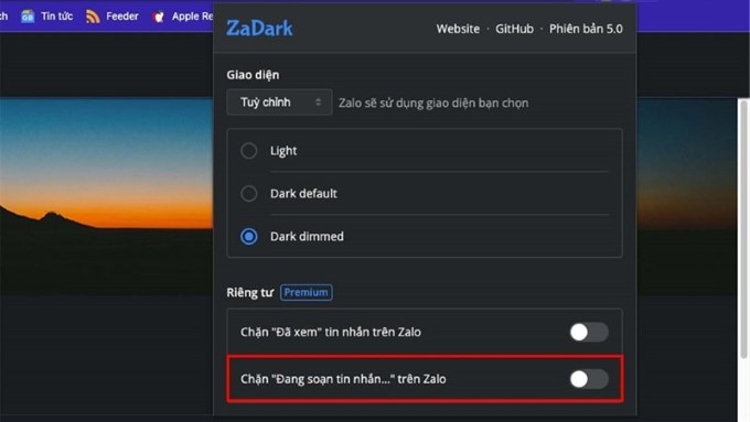 Mở tiện ích vừa tải về và bật tính năng "Chặn "Đang soạn" trên Zalo".