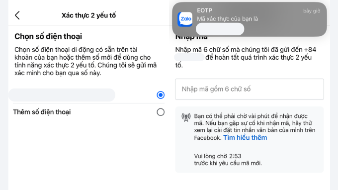 Xác thực tài khoản Facebook bằng số điện thoại bước 2