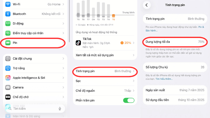 Giao diện kiểm tra tình trạng pin trên iPhone
